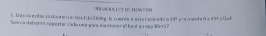 PRIMERA LEY DE NEWTON 
1. Dos cuerdas sostienen un baul de 500Kg, la cuerda A esta inclinada a 30° y la cuerda B a 45° ¿Qué 
fuerza deberan soportar cada una para mantener el baul en equilibrio?