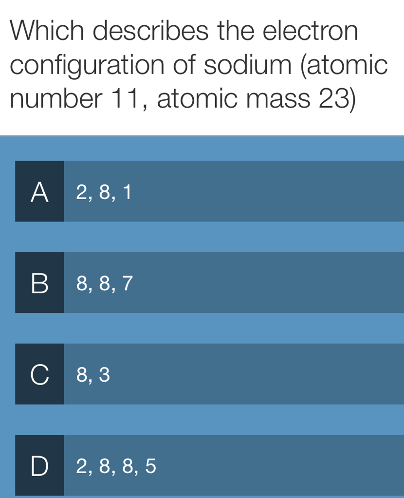 Which describes the electron
configuration of sodium (atomic
number 11, atomic mass 23)
A 2, 8, 1
B 8, 8, 7
C 8, 3
D 2, 8, 8, 5