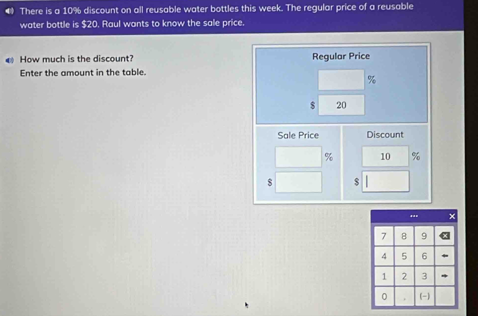 ⑷ There is a 10% discount on all reusable water bottles this week. The regular price of a reusable 
water bottle is $20. Raul wants to know the sale price. 
How much is the discount? Regular Price 
Enter the amount in the table.
%
$ 20
Sale Price Discount
% 10 %
$
$