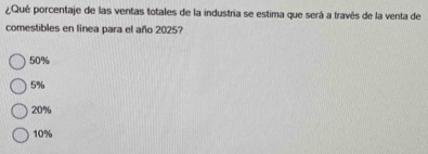 ¿Qué porcentaje de las ventas totales de la industria se estima que será a través de la venta de
comestibles en línea para el año 2025?
50%
5%
20%
10%