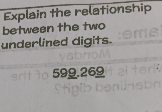 Explain the relationship 
between the two 
underlined digits.
599.269