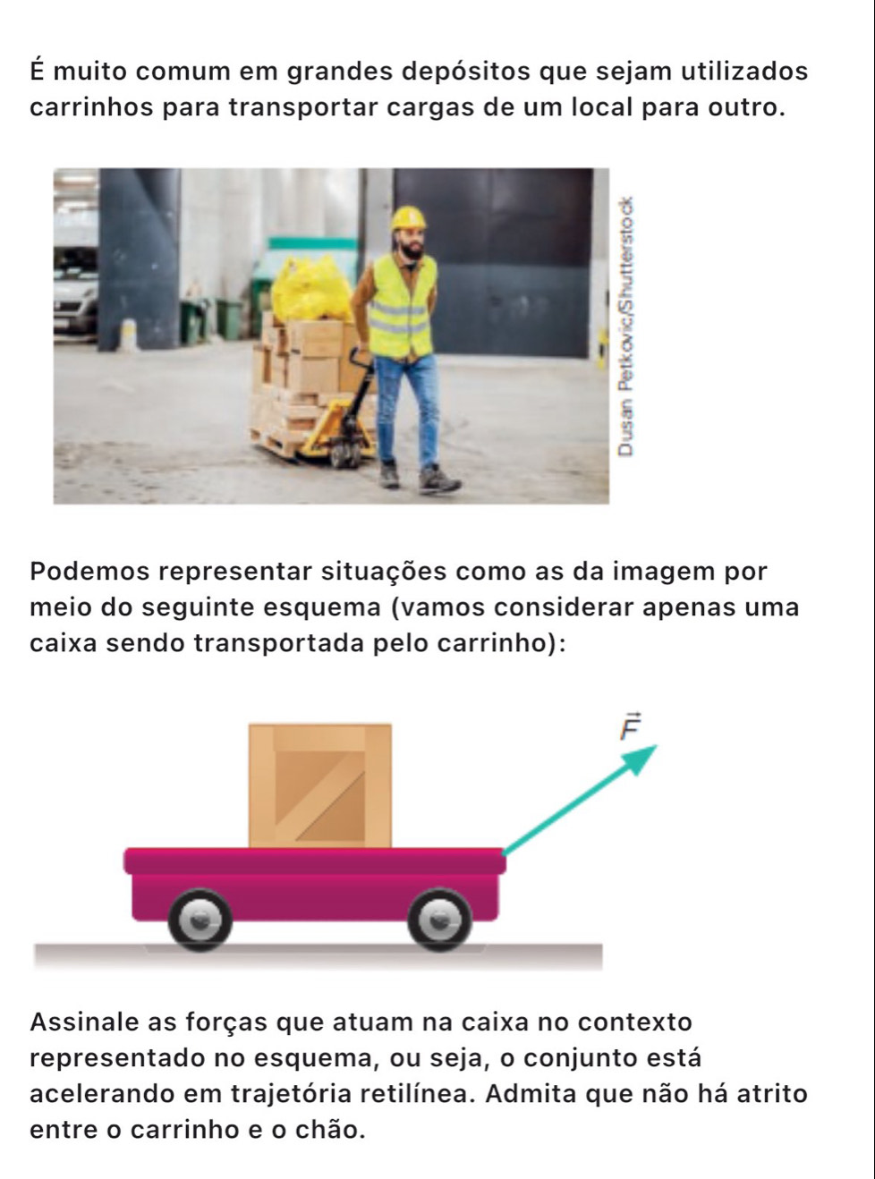 É muito comum em grandes depósitos que sejam utilizados 
carrinhos para transportar cargas de um local para outro. 
Podemos representar situações como as da imagem por 
meio do seguinte esquema (vamos considerar apenas uma 
caixa sendo transportada pelo carrinho): 
Assinale as forças que atuam na caixa no contexto 
representado no esquema, ou seja, o conjunto está 
acelerando em trajetória retilínea. Admita que não há atrito 
entre o carrinho e o chão.