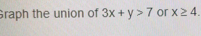 Graph the union of 3x+y>7 or x≥ 4.