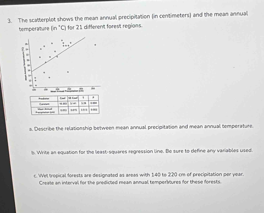 The scatterplot shows the mean annual precipitation (in centimeters) and the mean annual 
temperature (in°C' for 21 different forest regions. 
a
24
22
20
1
16
14.
12
10 0 300 350
100 150 Mean Annua) Precipitation (cm) 200 250
a. Describe the relationship between mean annual precipitation and mean annual temperature. 
b. Write an equation for the least-squares regression line. Be sure to define any variables used. 
c. Wet tropical forests are designated as areas with 140 to 220 cm of precipitation per year. 
Create an interval for the predicted mean annual temperầtures for these forests.