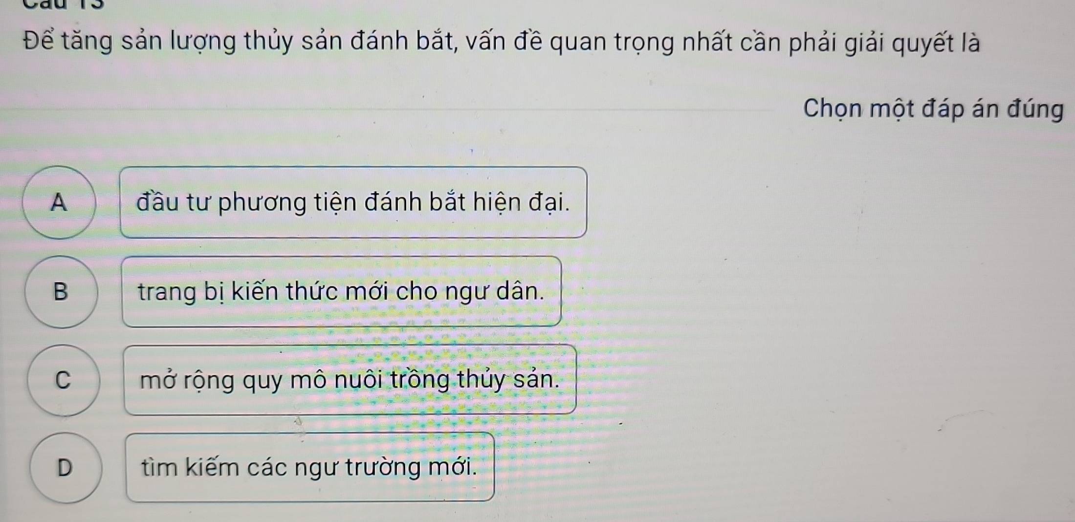 Để tăng sản lượng thủy sản đánh bắt, vấn đề quan trọng nhất cần phải giải quyết là
Chọn một đáp án đúng
A đầu tư phương tiện đánh bắt hiện đại.
B trang bị kiến thức mới cho ngư dân.
C mở rộng quy mô nuôi trồng thủy sản.
D tìm kiếm các ngư trường mới.