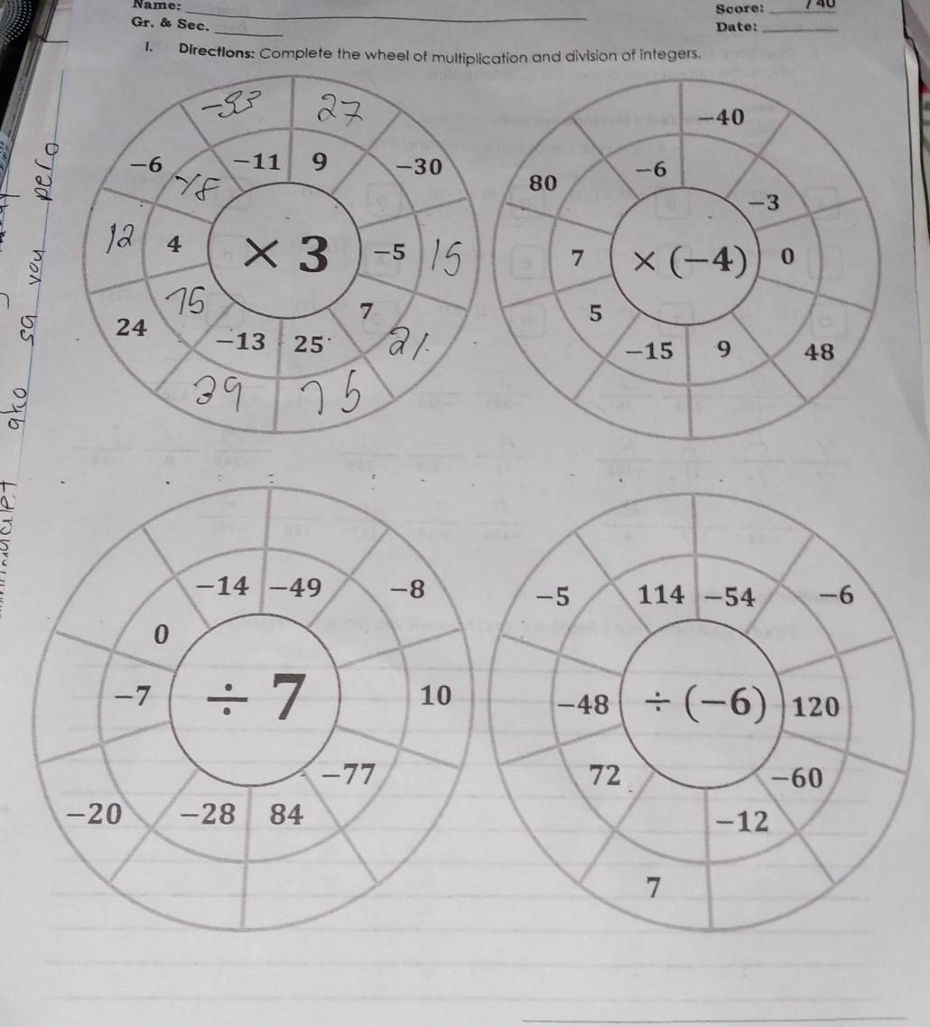 Name:_ Score:_
_
Gr. & Sec.
Date:_
1. Directions: Complete the wheel of multiplication and division of integers.
_