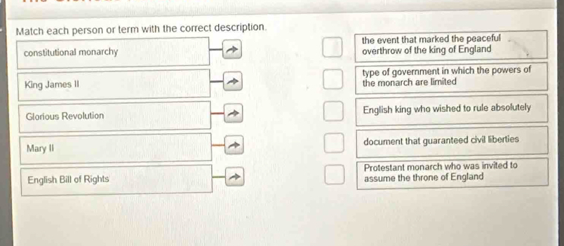 Match each person or term with the correct description.
constitutional monarchy the event that marked the peaceful
overthrow of the king of England
type of government in which the powers of
King James II the monarch are limited
Glorious Revolution English king who wished to rule absolutely
Mary II document that guaranteed civil liberties
Protestant monarch who was invited to
English Bill of Rights assume the throne of England