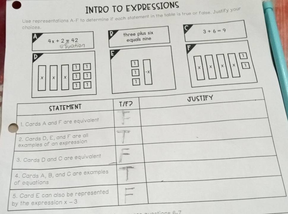 INTRO TO EXPRESSIONS
Use representations A-F to determine if each statement in the table is true or false. Justify your
choices.
3+6=9
A
B three plus six
4x+2=42
equals nine 
E
D
1
1 1
1 -x
X 1 1
1
1 1
1 ñ-7