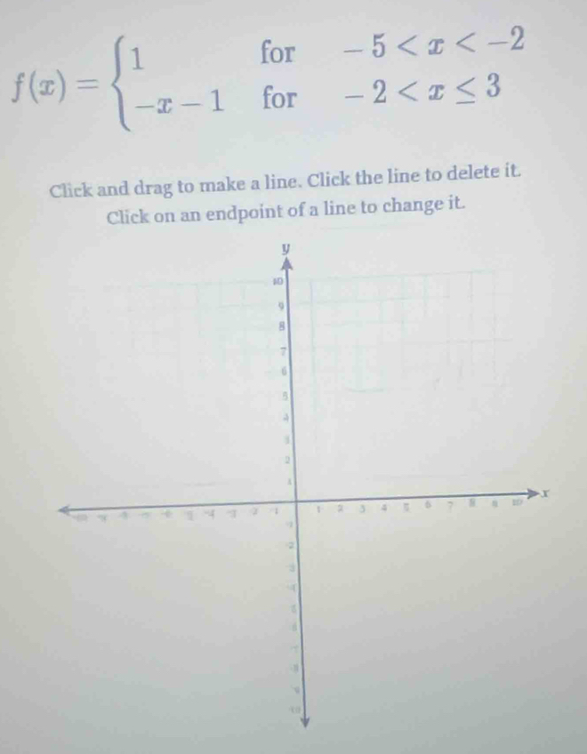 f(x)=beginarrayl 1for-5
Click and drag to make a line. Click the line to delete it. 
Click on an endpoint of a line to change it.