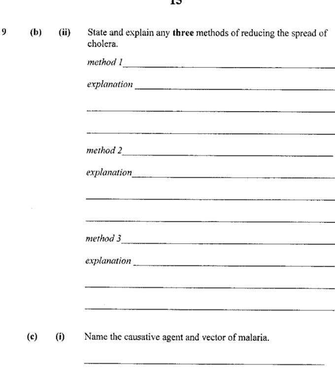 9 (b) (ii) State and explain any three methods of reducing the spread of 
cholera. 
_ 
method 1 
explanation_ 
_ 
_ 
_ 
method 2 
explanation_ 
_ 
_ 
_ 
method 3 
explanation 
_ 
_ 
_ 
(c) (i) Name the causative agent and vector of malaria. 
_