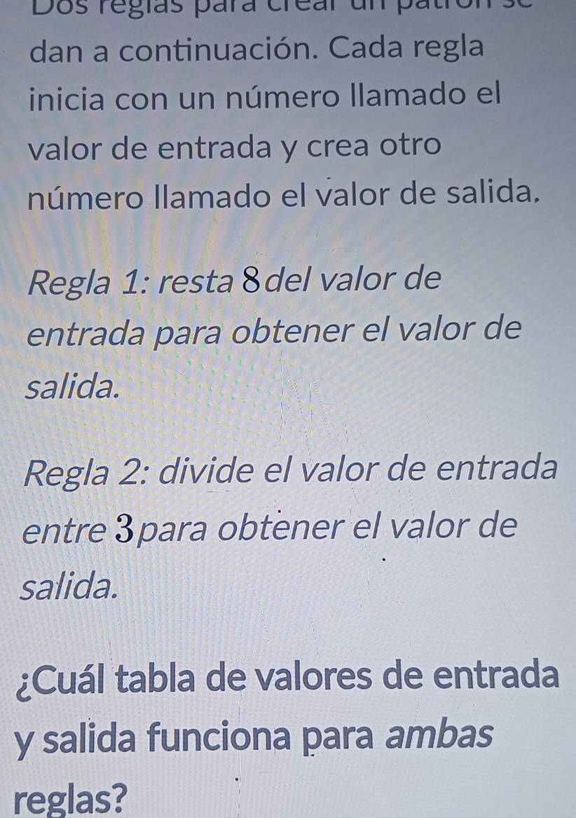 Dos regías para crear un patron 
dan a continuación. Cada regla 
inicia con un número llamado el 
valor de entrada y crea otro 
número llamado el valor de salida. 
Regla 1: resta &del valor de 
entrada para obtener el valor de 
salida. 
Regla 2: divide el valor de entrada 
entre 3para obtener el valor de 
salida. 
¿Cuál tabla de valores de entrada 
y salida funciona para ambas 
reglas?