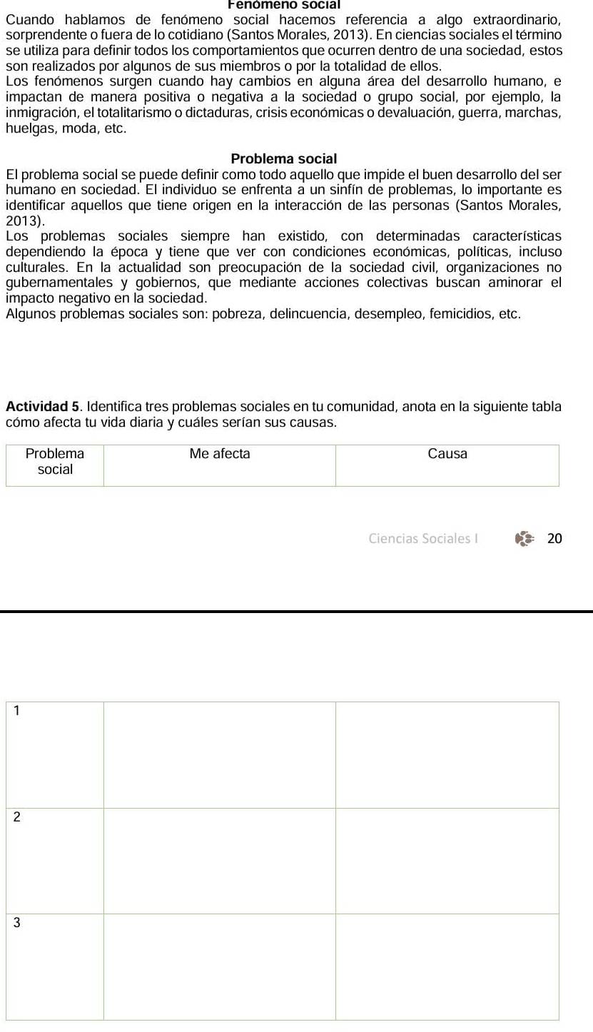 Fenómeno social
Cuando hablamos de fenómeno social hacemos referencia a algo extraordinario,
sorprendente o fuera de lo cotidiano (Santos Morales, 2013). En ciencias sociales el término
se utiliza para definir todos los comportamientos que ocurren dentro de una sociedad, estos
son realizados por algunos de sus miembros o por la totalidad de ellos.
Los fenómenos surgen cuando hay cambios en alguna área del desarrollo humano, el
impactan de manera positiva o negativa a la sociedad o grupo social, por ejemplo, la
inmigración, el totalitarismo o dictaduras, crisis económicas o devaluación, guerra, marchas,
huelgas, moda, etc.
Problema social
El problema social se puede definir como todo aquello que impide el buen desarrollo del ser
humano en sociedad. El individuo se enfrenta a un sinfín de problemas, lo importante es
identificar aquellos que tiene origen en la interacción de las personas (Santos Morales,
2013).
Los problemas sociales siempre han existido, con determinadas características
dependiendo la época y tiene que ver con condiciones económicas, políticas, incluso
culturales. En la actualidad son preocupación de la sociedad civil, organizaciones no
gubernamentales y gobiernos, que mediante acciones colectivas buscan aminorar el
impacto negativo en la sociedad.
Algunos problemas sociales son: pobreza, delincuencia, desempleo, femicidios, etc.
Actividad 5. Identifica tres problemas sociales en tu comunidad, anota en la siguiente tabla
cómo afecta tu vida diaria y cuáles serían sus causas.
Problema Me afecta Causa
social
Ciencias Sociales I 20
1
2
3