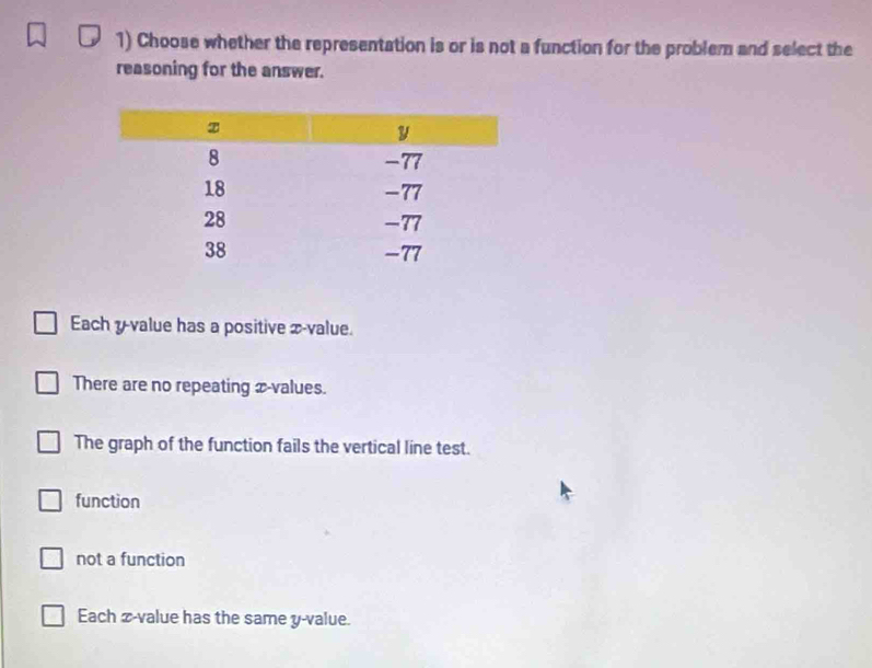 Choose whether the representation is or is not a function for the problem and select the
reasoning for the answer.
Each y -value has a positive x -value.
There are no repeating x -values.
The graph of the function fails the vertical line test.
function
not a function
Each z-value has the same y -value.