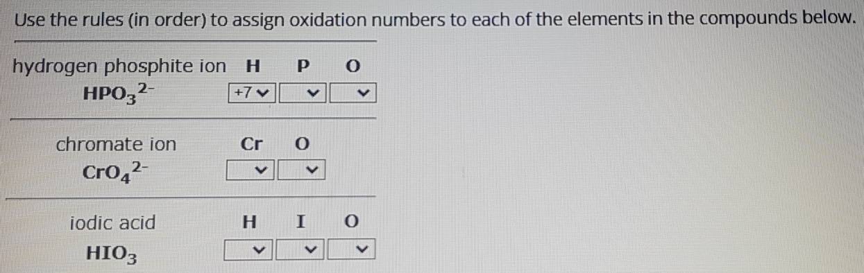 Use the rules (in order) to assign oxidation numbers to each of the elements in the compounds below. 
hydrogen phosphite ion H p O
HPO_3^((2-)
+7
chromate ion Cr
CrO_4^(2-)
iodic acid H I 0
HIO_3)