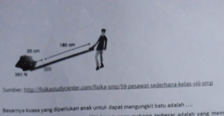 Sumber: http://fiskastudycenter.com/fisika-smp/59-pesawat-sederhana-kelas-viii-smp 
Besarya kuasa yang diperlukan anak untuk dapat mengungkit batu adalah .... 
arb e sar adalah vang mém