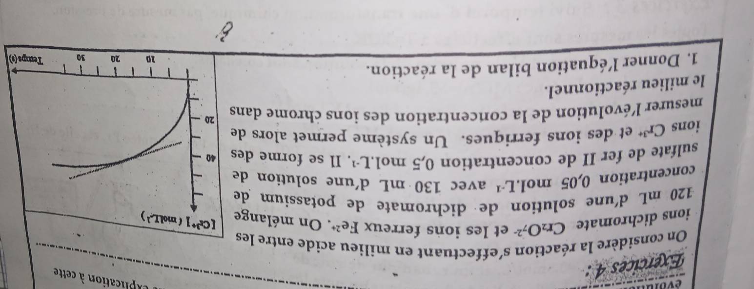 évolul 
explication à cette 
Exercices 4 : 
On considère la réaction S' effectuant en milieu acide entre les 
ions dichromate Cr_2O_7^((2-) et les ions ferreux Fe^2+). On mélange
120 mL d'une solution de dichromate de potassium de 
concentration 0,05mol. L^(-1) avec 130 mL d'une solution de 
sulfate de fer II de concentration 0,5mol.L^(-1). Il se forme des 
ions Cr^(3+) et des ions ferriques. Un système permet alors de 
mesurer l'évolution de la concentration des ions chrome dans 
le milieu réactionnel. 
1. Donner l’équation bilan de la réaction. 
)