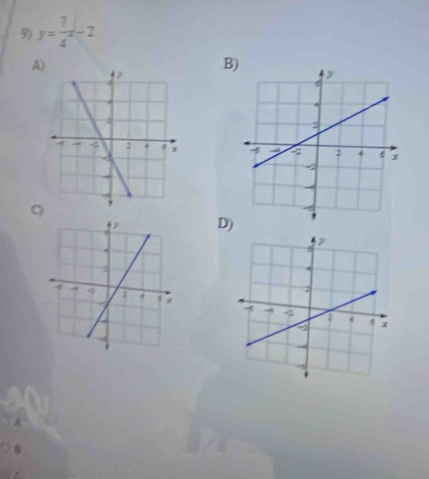 9 y= 7/4 x-2
A) 
B) 
D)