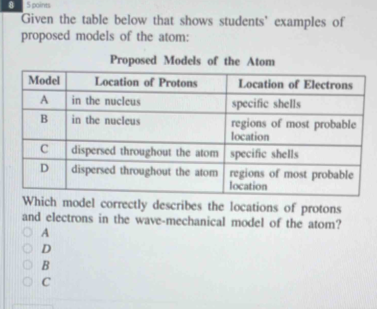 8 5 points
Given the table below that shows students' examples of
proposed models of the atom:
Proposed Models of the Atom
h model correctly describes the locations of protons
and electrons in the wave-mechanical model of the atom?
A
D
B
C