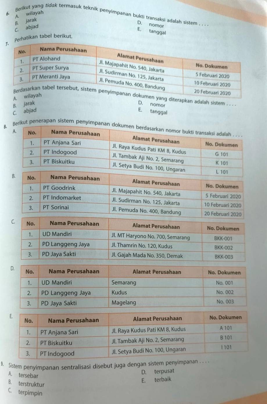 A. wilayah
6. Berikut yang tidak termasuk teknik penyimpanan bukti transaksi adalah sistem . .
B. jarak
C. abjad
D. nomor
E. tanggal
hatikan tabel berikut,
terapkan adalah sistem . . . .
B. jarak D. nomor
C. abjad E. tanggal
kut penerapan sistem penyimp
9. Sistem penyimpanan sentralisasi disebut juga dengan sistem penyimpanan . . . .
A. tersebar
D. terpusat
B. terstruktur
E. terbaik
C. terpimpin