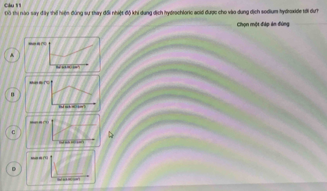 Đồ thị nào say đây thể hiện đúng sự thay đổi nhiệt độ khi dung dịch hydrochloric acid được cho vào dung dịch sodium hydroxide tới dư?
Chọn một đáp án đúng
A
B
C
Nhiệt độ ('''C)
D
Thể tích HCl (cm²)