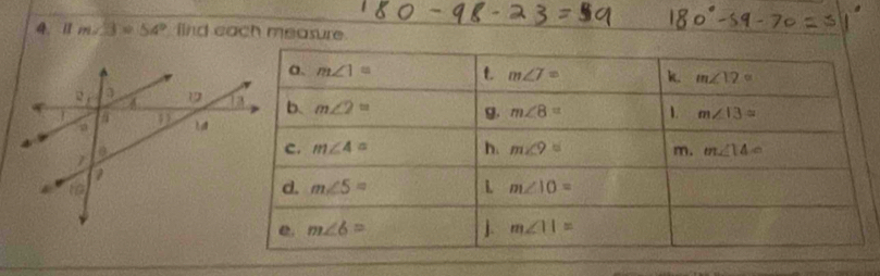 11 m∠ 3=54° ind each measure.