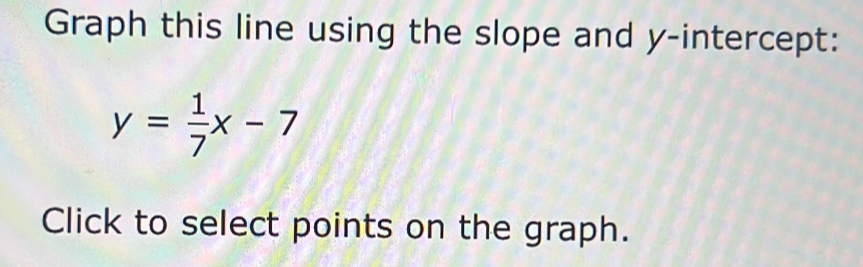 Graph this line using the slope and y-intercept:
y= 1/7 x-7
Click to select points on the graph.