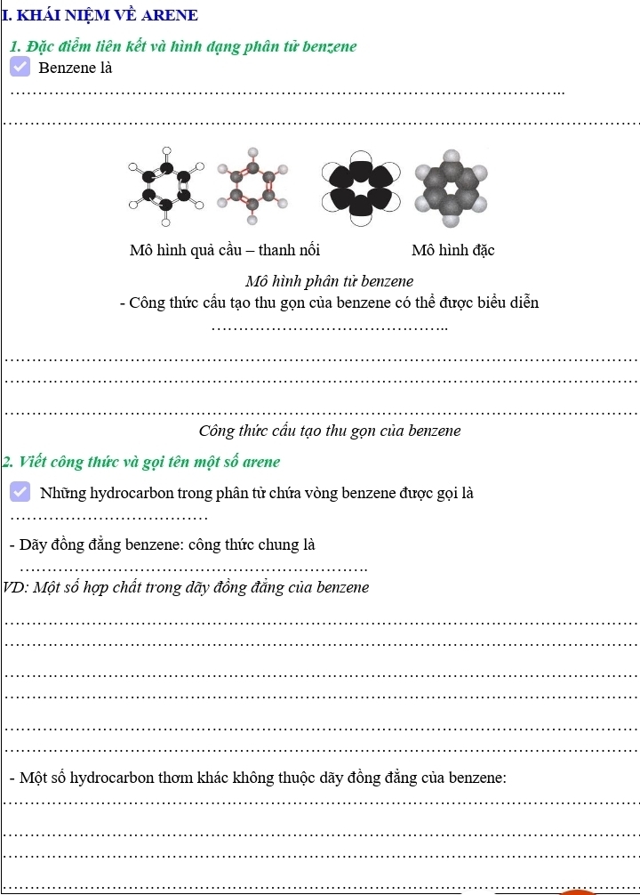 KHÁI NIỆM VÈ ARENE
1. Đặc điểm liên kết và hình dạng phân tử benzene
Benzene là
_
_
Mô hình quả cầu - thanh nối Mô hình đặc
Mô hình phân tử benzene
- Công thức cầu tạo thu gọn của benzene có thể được biểu diễn
_
_
_
_
Công thức cấu tạo thu gọn của benzene
2. Viết công thức và gọi tên một số arene
Những hydrocarbon trong phân tử chứa vòng benzene được gọi là
_
- Dãy đồng đẳng benzene: công thức chung là
_
VD: Một số hợp chất trong dãy đồng đẳng của benzene
_
_
_
_
_
_
- Một số hydrocarbon thơm khác không thuộc dãy đồng đẳng của benzene:
_
_
_
_