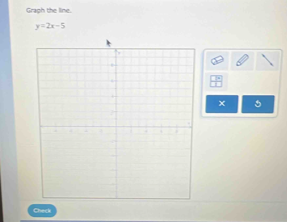 Graph the line.
y=2x-5
x 5
Check