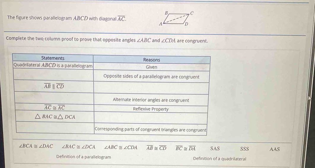 Solved: The figure shows parallelogram ABCD with diagonal overline AC ...