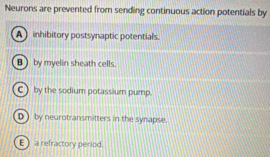 Neurons are prevented from sending continuous action potentials by
A inhibitory postsynaptic potentials.
Bby myelin sheath cells.
C  by the sodium potassium pump.
D  by neurotransmitters in the synapse.
E ) a refractory period.