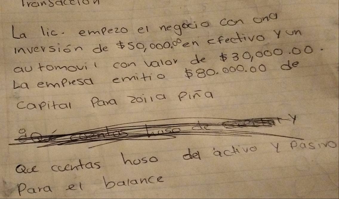 Iranbacclon 
La lic. empezo ei negocio can onc 
inversion de $50, 000. 0° en efectivo Yun 
au tomovil con valor de $30, 000. 00. 
La empresa emitio $80. 000. 00 de 
capital Para zoi1a Pira 
ace ccentas hoso del activo Y Pasivo 
Para el balance