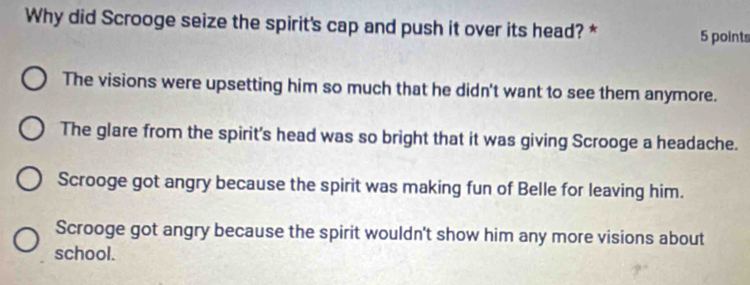 Why did Scrooge seize the spirit's cap and push it over its head? * 5 points
The visions were upsetting him so much that he didn't want to see them anymore.
The glare from the spirit's head was so bright that it was giving Scrooge a headache.
Scrooge got angry because the spirit was making fun of Belle for leaving him.
Scrooge got angry because the spirit wouldn't show him any more visions about
school.