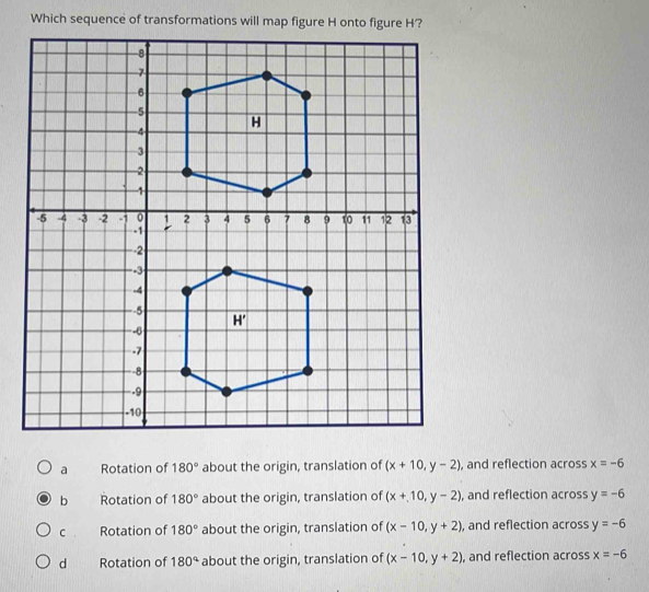 Which sequence of transformations will map figure H onto figure H?
a Rotation of 180° about the origin, translation of (x+10,y-2) , and reflection across x=-6
b Rotation of 180° about the origin, translation of (x+10,y-2) , and reflection across y=-6
C Rotation of 180° about the origin, translation of (x-10,y+2) , and reflection across y=-6
d Rotation of 180° about the origin, translation of (x-10,y+2) , and reflection across x=-6