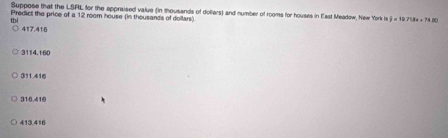 Suppose that the LSRL for the appraised value (in thousands of dollars) and number of rooms for houses in East Meadow, New York Is hat y=19.718x+74.80
Predict the price of a 12 room house (in thousands of dollars).
tbl
417.416
3114.160
311.416
316.416
413.416