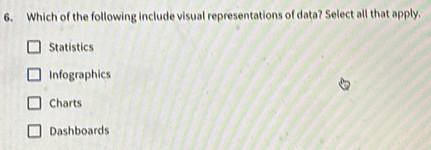 Solved: Which of the following include visual representations of data ...
