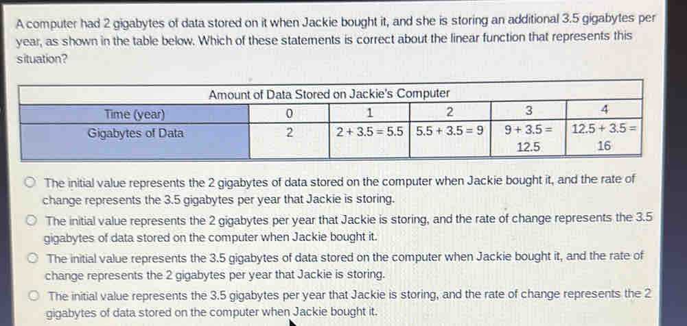 A computer had 2 gigabytes of data stored on it when Jackie bought it, and she is storing an additional 3.5 gigabytes per
year, as shown in the table below. Which of these statements is correct about the linear function that represents this
situation?
The initial value represents the 2 gigabytes of data stored on the computer when Jackie bought it, and the rate of
change represents the 3.5 gigabytes per year that Jackie is storing.
The initial value represents the 2 gigabytes per year that Jackie is storing, and the rate of change represents the 3.5
gigabytes of data stored on the computer when Jackie bought it.
The initial value represents the 3.5 gigabytes of data stored on the computer when Jackie bought it, and the rate of
change represents the 2 gigabytes per year that Jackie is storing.
The initial value represents the 3.5 gigabytes per year that Jackie is storing, and the rate of change represents the 2
gigabytes of data stored on the computer when Jackie bought it.