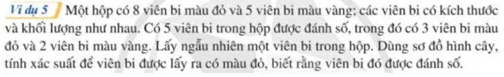 Vi dụ 5 Một hộp có 8 viên bi màu đỏ và 5 viên bi màu vàng; các viên bi có kích thước 
và khối lượng như nhau. Có 5 viên bi trong hộp được đánh số, trong đó có 3 viên bi màu 
đỏ và 2 viên bi màu vàng. Lấy ngẫu nhiên một viên bi trong hộp. Dùng sơ đồ hình cây, 
tính xác suất để viên bi được lấy ra có màu đỏ, biết rằng viên bi đó được đánh số.