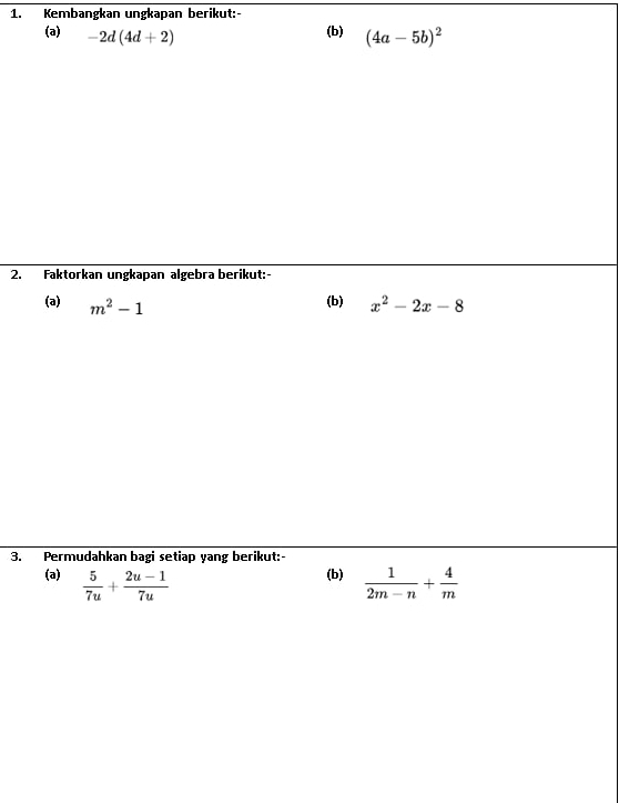 Kembangkan ungkapan berikut:- 
(a) -2d(4d+2)
(b) (4a-5b)^2
2. Faktorkan ungkapan algebra berikut:- 
(b) 
(a) m^2-1 x^2-2x-8
3. Permudahkan bagi setiap yang berikut:- 
(b) 
(a)  5/7u + (2u-1)/7u   1/2m-n + 4/m 