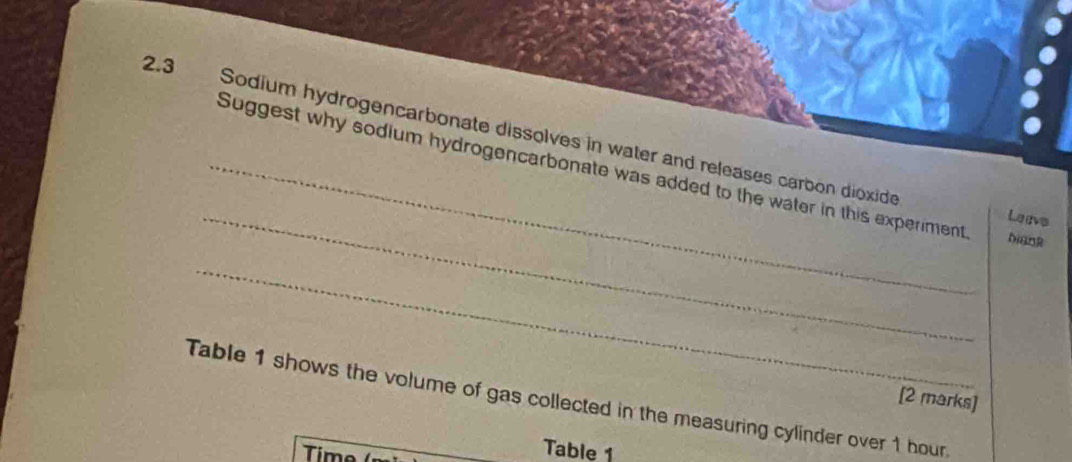 2.3 Sodium hydrogencarbonate dissolves in water and releases carbon dioxide 
_Suggest why sodium hydrogencarbonate was added to the water in this experiment bigng 
_Leevs 
_ 
Table 1 shows the volume of gas collected in the measuring cylinder over 1 hour [2 marks] 
Time 
Table 1