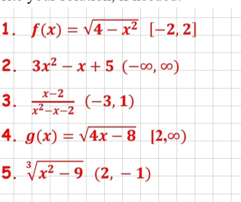 1 f(x)=sqrt(4-x^2)[-2,2]
2. 3x^2-x+5(-∈fty ,∈fty )
3.  (x-2)/x^2-x-2 (-3,1)
4. g(x)=sqrt(4x-8)[2,∈fty )
5. sqrt[3](x^2-9)(2,-1)