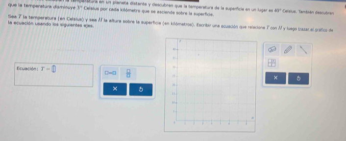 que la temperatura disminuye l tamperatura en un planeta distante y descubren que la temperatura de la superficie en un lugar es 3° Celsius por cada kilómetro que se asciende sobre la superficie. 40° Celsius. También descubren 
Sea 7 ' la temperatura (en Celsius) y sea 7 la altura sobre la superficie (en kilómetros). Escribir una ecuación que relacione 7°con 1/ y luego trazar.el gráfico de 
la ecuación usando los siguientes ejes. 
Ecuación: T=□ □ =□  □ /□  
× 6 
×