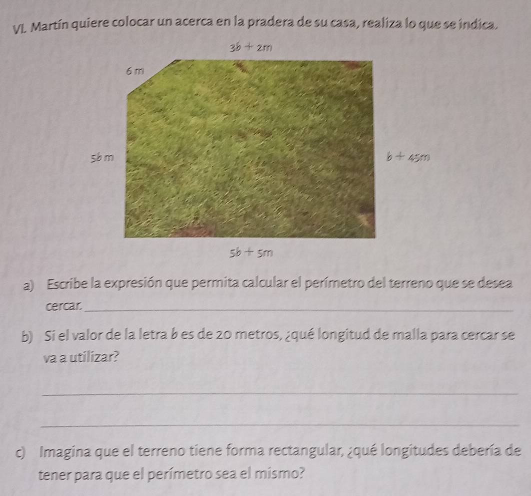 Martín quiere colocar un acerca en la pradera de su casa, realiza lo que se indica.
a) Escribe la expresión que permita calcular el perímetro del terreno que se desea
cercar._
b) Si el valor de la letra b es de 20 metros, ¿qué longitud de malla para cercar se
va a utilizar?
_
_
c) Imagina que el terreno tiene forma rectangular, ¿qué longitudes debería de
tener para que el perímetro sea el mismo?