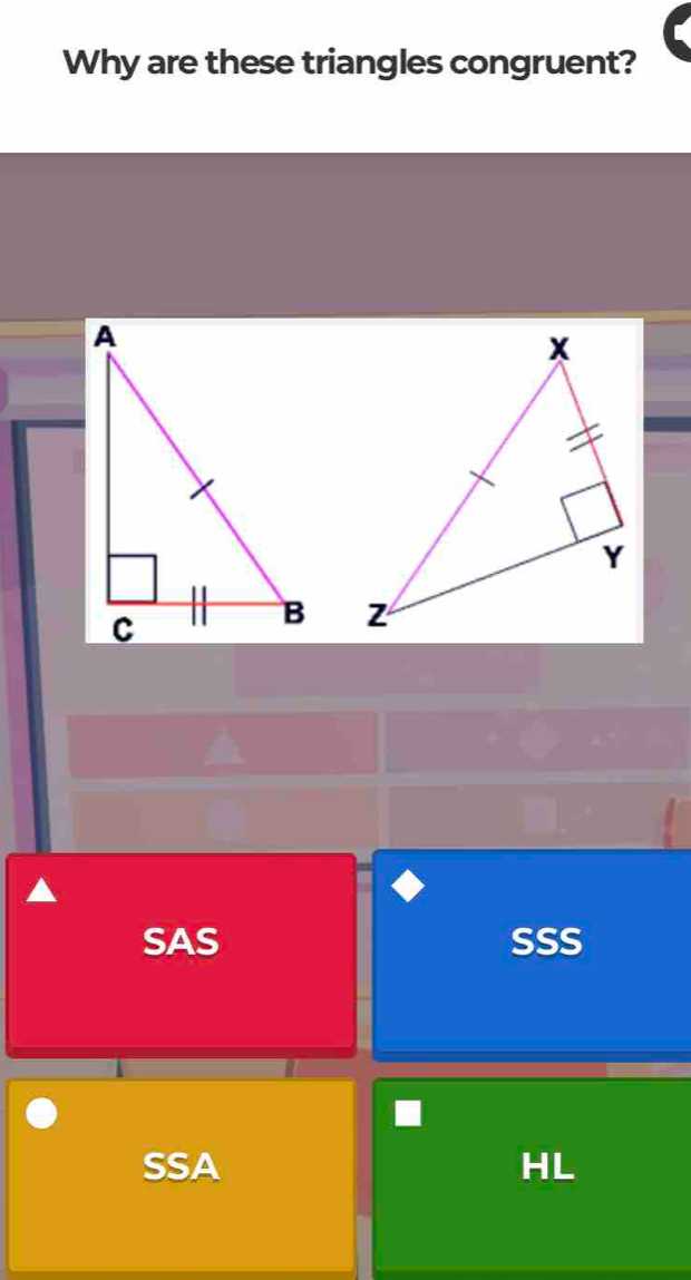 Why are these triangles congruent?

SAS SSS
SSA HL