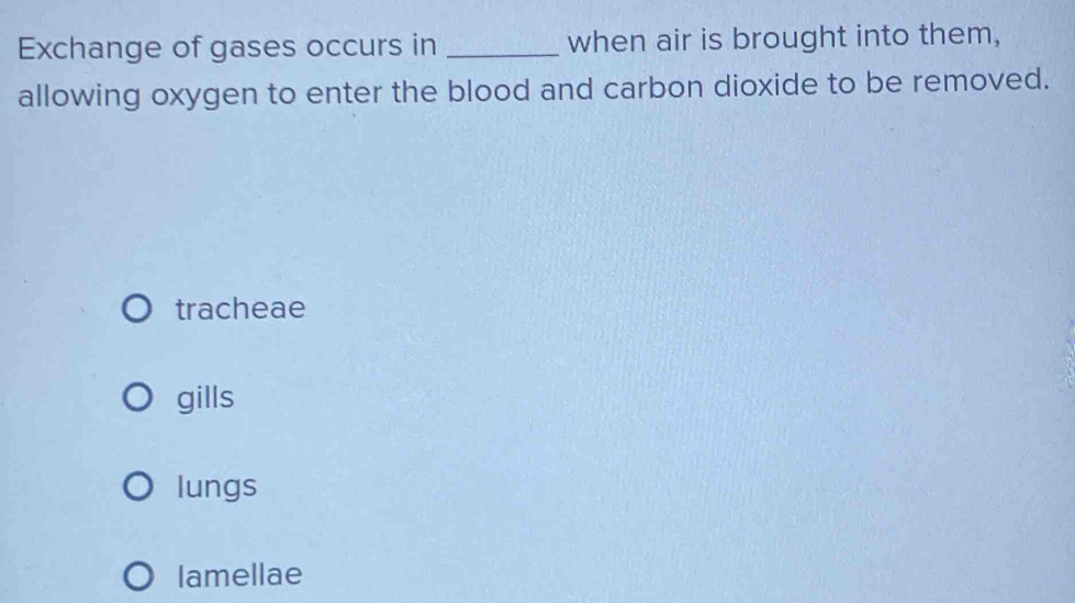 Exchange of gases occurs in _when air is brought into them,
allowing oxygen to enter the blood and carbon dioxide to be removed.
tracheae
gills
lungs
lamellae