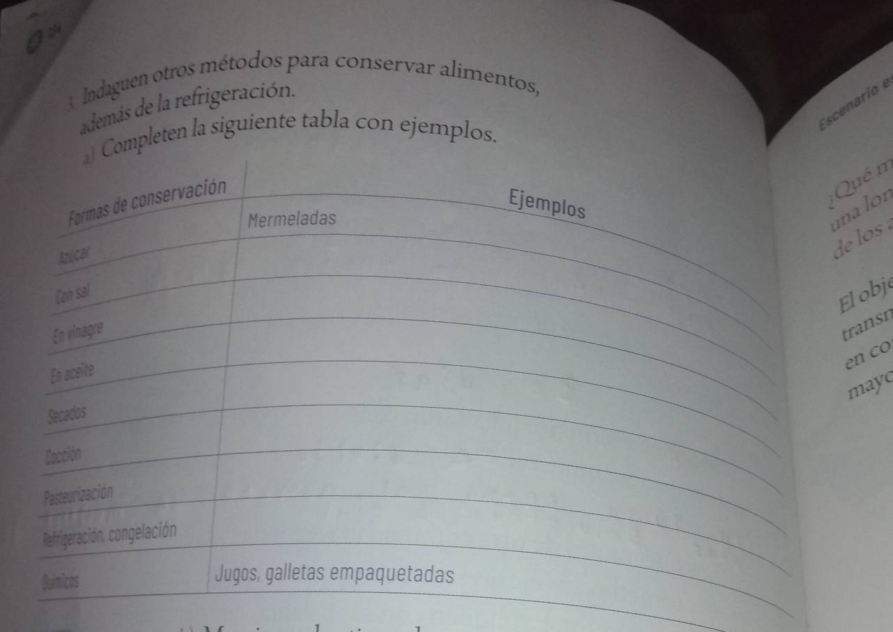 Indaguen otros métodos para conservar alimentos, 
además de la refrigeración. 
Escenario e 
pleten la siguiente tabla con ejemplos. 
n 
lon 
os 
bj 
nsn 
co 
ay