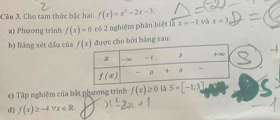 Cho tam thức bậc hai: f(x)=x^2-2x-3.
a) Phương trình f(x)=0 có 2 nghiệm phân biệt là x=-1 và x=3
b) Bảng xét dấu của được cho bởi bảng sau:
c) Tập nghiệm của bất phương trình f(x)≥ 0 là S=[-1;3]
d) f(x)≥ -4forall x∈ R.