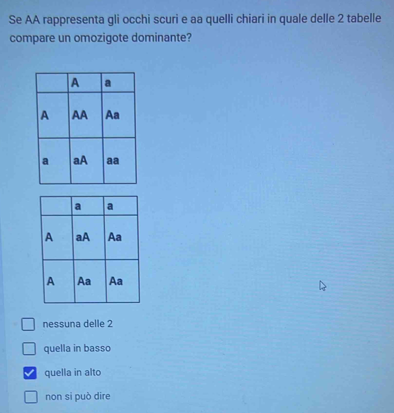 Se AA rappresenta gli occhi scuri e aa quelli chiari in quale delle 2 tabelle
compare un omozigote dominante?
nessuna delle 2
quella in basso
quella in alto
non si può dire