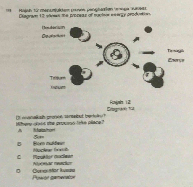 Rajah 12 menunjukkan proses penghasilan tenaga nuklear.
Diagram 12 shows the process of nuclear energy production.
Diagram 12
Di manakah proses tersebut beriaku?
Where does the process take place?
A Mataheri
Sum
B Bom nuklear
Nuclear bomb
C Reaktor nuclear
Nuclear reactor
D Generator Iwase
Power generator