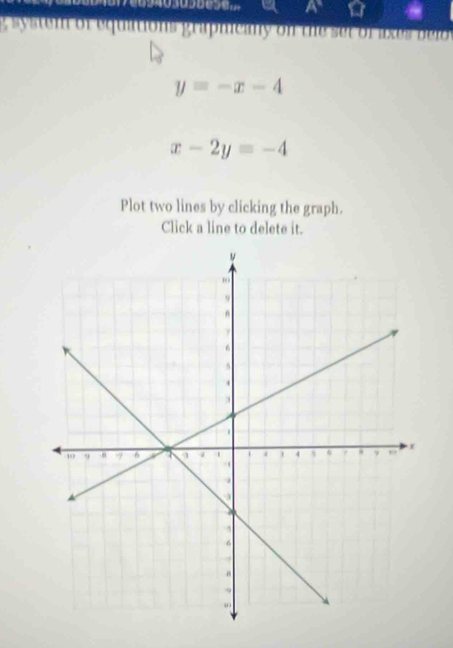 a
ss em or equations grap mcany on the t rax o l
y=-x-4
x-2y=-4
Plot two lines by clicking the graph.
Click a line to delete it.