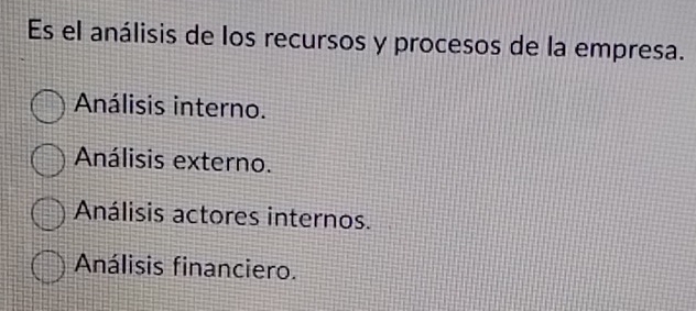 Es el análisis de los recursos y procesos de la empresa.
Análisis interno.
Análisis externo.
Análisis actores internos.
Análisis financiero.